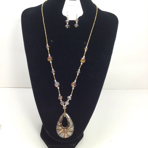 Fashion Boho Brown and Gold Glass Statement Necklace and Dangle Earring Set - Picture 2 of 9